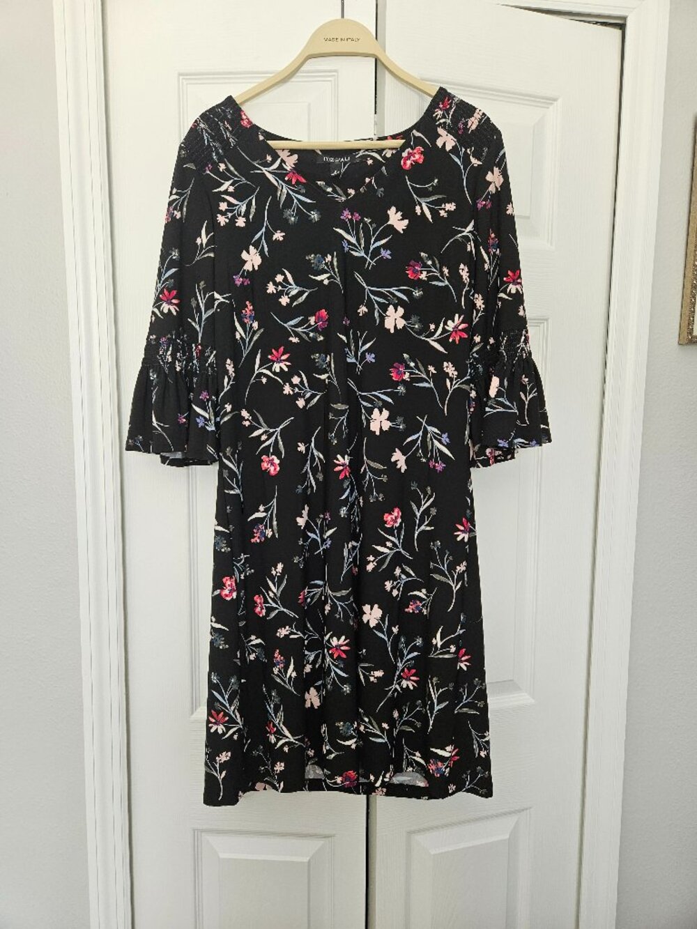 Black Shift Dress with Floral Patterns - Long-Sleeve